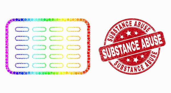 Vector spectrum gestippelde pillen blister pictogram en bekraste stof misbruik stempel — Stockvector