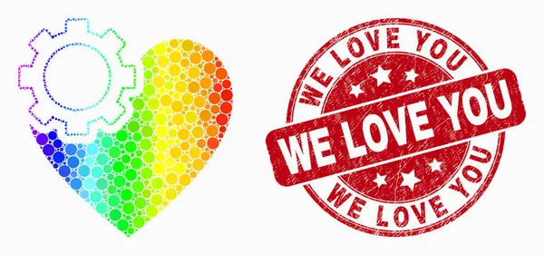 Vector Bright Pixel Heart Gear Icon and Grunge We Love You Watermark — Stock Vector