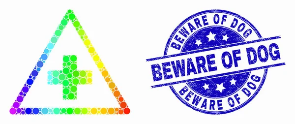 Vector Rainbow color punteado médico advertencia triángulo icono y grunge cuidado con el sello del perro — Vector de stock