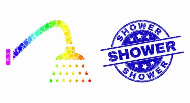 Vektör Parlak Piksel Duş Simgesi ve Grunge Duş Damgası