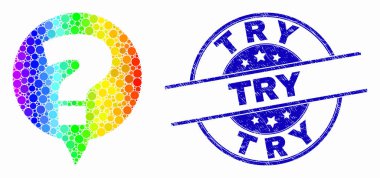 Vektör Gökkuşağı Renkli Nokta Soru Afiş Ikonu ve Grunge Deneyin Seal