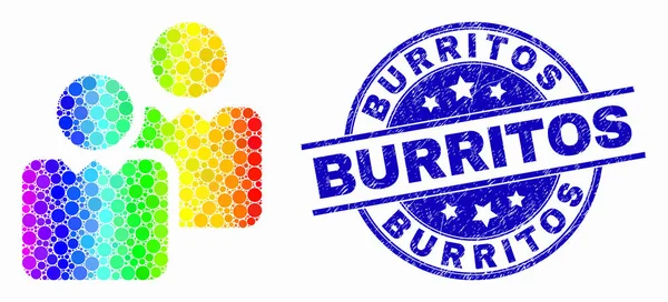 Vector Rainbow Colored Pixelated Users Icon and Distress Burritos Seal — Stock Vector