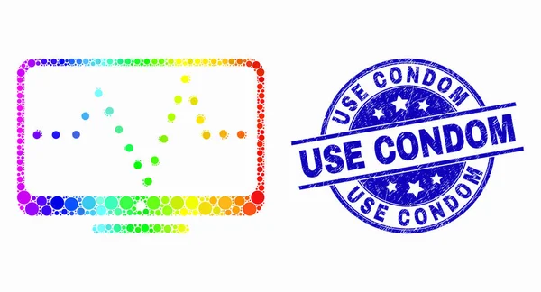 Vector regenboog gekleurde pixel online gestippelde grafiek pictogram en bekrast gebruik condoom stempel — Stockvector
