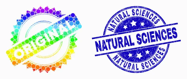 Icona con francobollo originale punteggiato colorato arcobaleno vettoriale e sigillo di scienze naturali Grunge — Vettoriale Stock