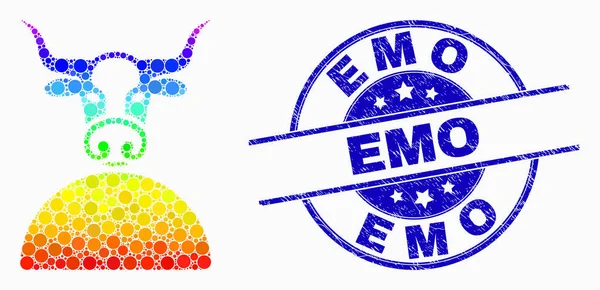 Vector regenboog gekleurde gestippelde koe pictogram en grunge emo stempel zegel — Stockvector