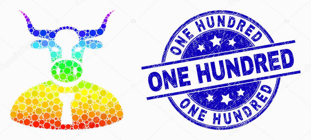 Dot spectral cow boss mosaic pictogram and One Hundred seal. Blue vector rounded scratched seal with One Hundred phrase. Vector composition in flat style.