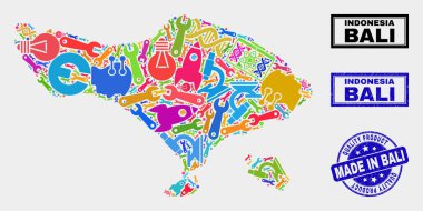 Araçları Bali Haritası ve Kaliteli Ürün Damgası Kolajı