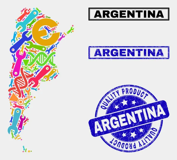 Collage technológia Argentína Térkép és minőségi termék vízjel — Stock Vector