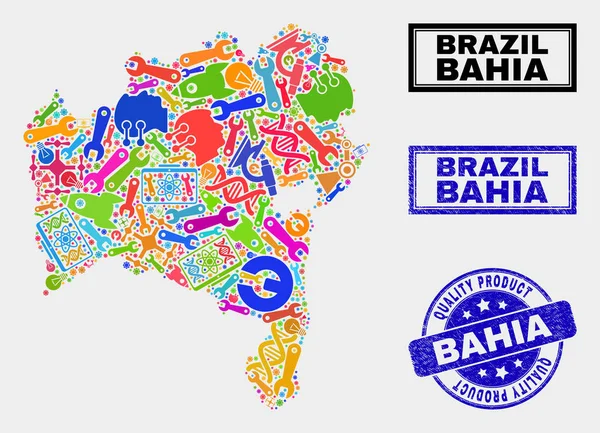 Κολάζ της υπηρεσίας χάρτη της πόλης Bahia και την ποιότητα σφραγίδα προϊόν σφραγίδα — Διανυσματικό Αρχείο