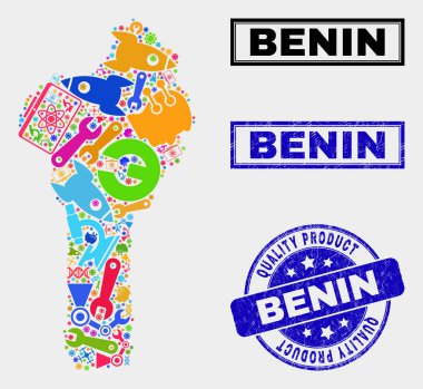 Endüstriyel Benin Haritası ve Kaliteli Ürün Filigranı Kolajı