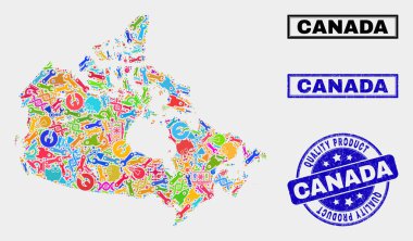 Araçları Kanada Haritası ve Kaliteli Ürün Damga Sıyrık Kolajı