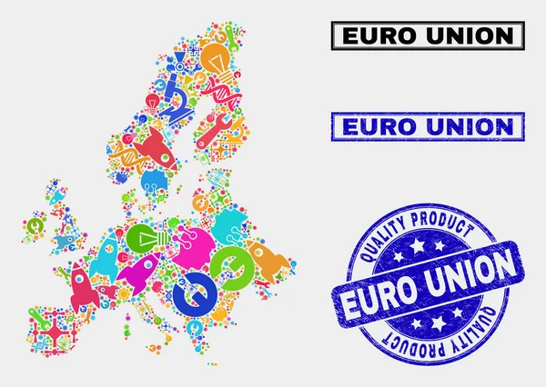 Collage de la carte industrielle Euro Union et du sceau du produit de qualité — Image vectorielle