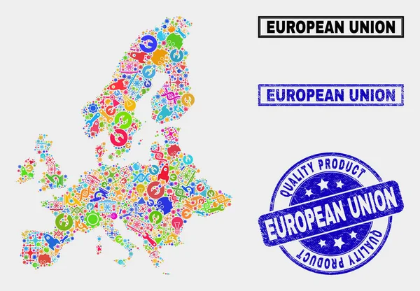 Collage des outils Carte de l'Union européenne et filigrane produit de qualité — Image vectorielle