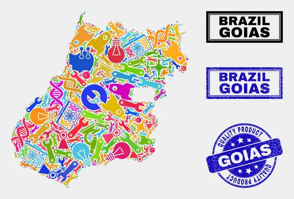 Colagem de Goiás Industrial Mapa do Estado e Selo de Produto de Qualidade — Vetor de Stock