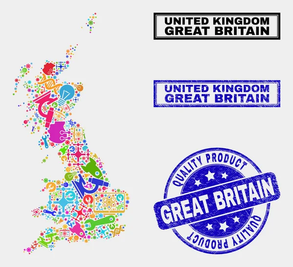 Collage aus industrieller großartiger britischer Landkarte und Qualitätsstempel — Stockvektor
