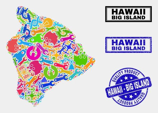 Colagem de ferramentas Hawaii Big Island Mapa e qualidade do produto Watermark —  Vetores de Stock