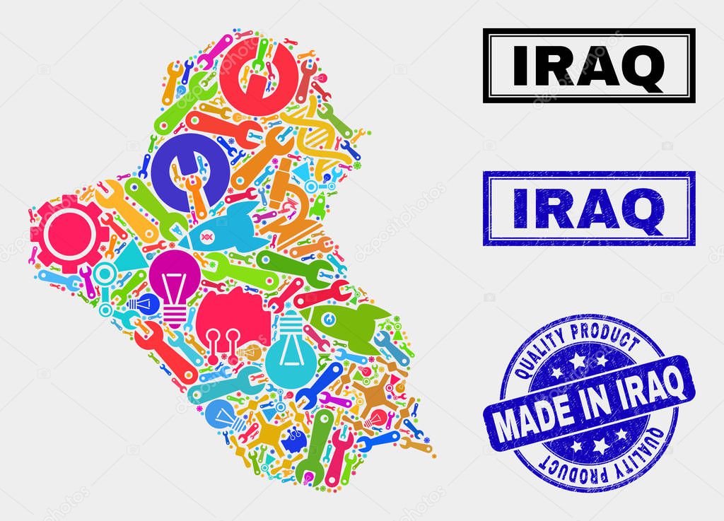 Composition of Tools Iraq Map and Quality Product Stamp Seal