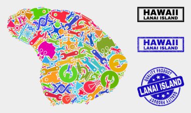 Hizmet Lanai Adası Haritası ve Kaliteli Ürün Mührü Kompozisyonu