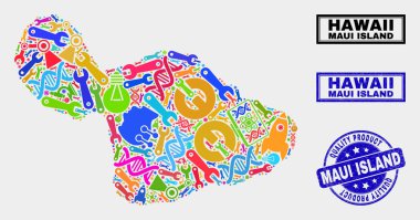 Teknoloji Maui Adası Haritası ve Kalite Ürün Damgası Kompozisyonu