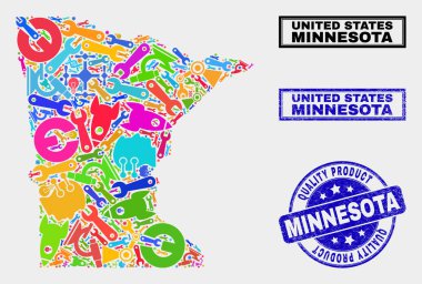 Araçlar Minnesota Eyalet Haritası ve Kalite Ürün Damgası Kompozisyonu