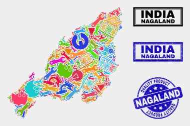 Endüstriyel Nagaland Devlet Haritası ve Kaliteli Ürün Mührü Kolajı