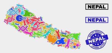 Araçları Nepal Harita ve Kaliteli Ürün Damga Mühür Kolaj