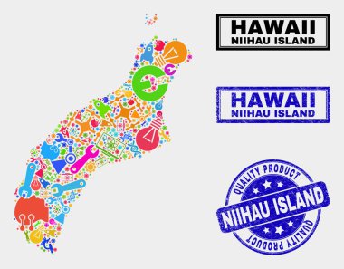 Teknoloji Niihau Adası Haritası ve Kaliteli Ürün Mührü Kompozisyonu