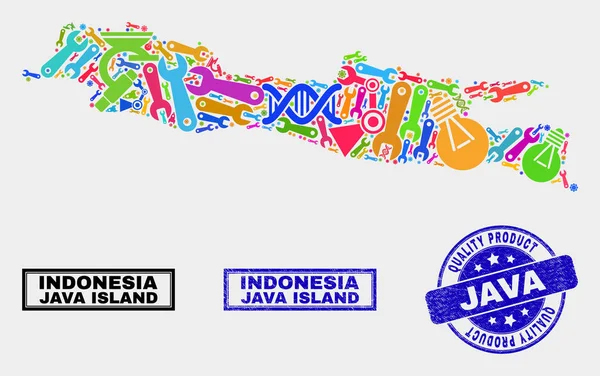 Collage of Technology Mapa wyspy Java i jakości pieczęć pieczęć produktu — Wektor stockowy