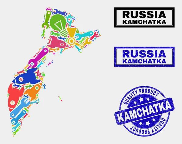 Collage de herramientas Kamchatka Mapa y calidad Sello de producto — Archivo Imágenes Vectoriales