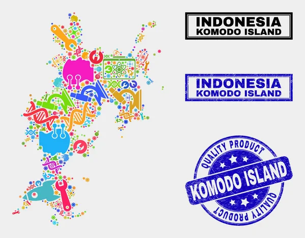 Collage of Service Komodo Island Mapa y Calidad Sello de Sello de Producto — Archivo Imágenes Vectoriales