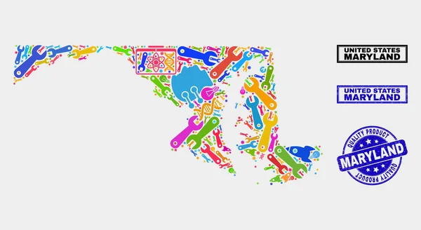 Композиція технології Меріленд Карта штату Меріленд та печатка якості продукту — стоковий вектор