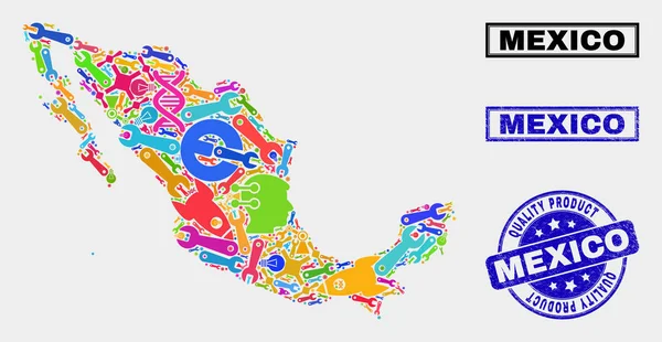 Colagem de Industrial México Mapa e Qualidade Produto Selo de selo — Vetor de Stock