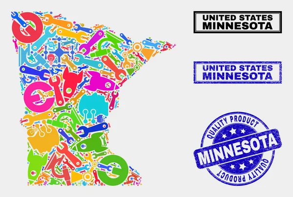 Araçlar Minnesota Eyalet Haritası ve Kalite Ürün Damgası Kompozisyonu