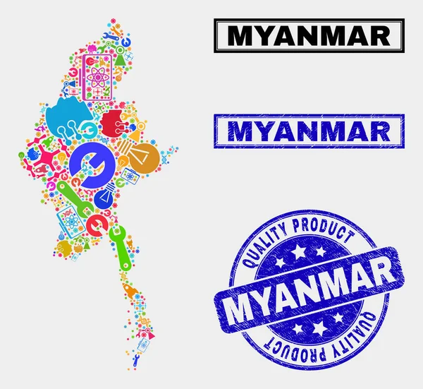 Colagem de Tecnologia Myanmar Mapa e Qualidade Produto Marca d 'água — Vetor de Stock