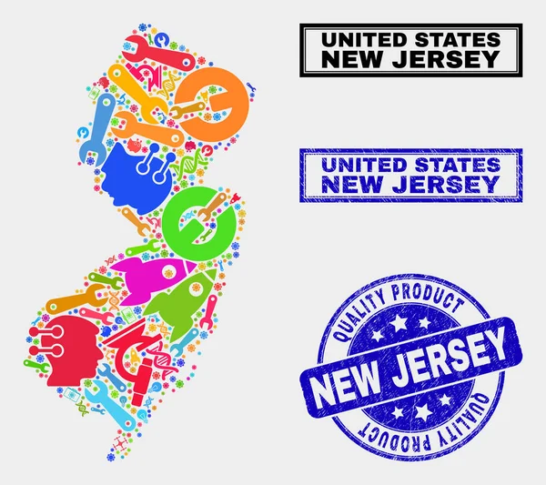 Sammansättning av verktyg New Jersey State Map och kvalitetsstämpel sigill — Stock vektor