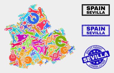 Endüstriyel Sevilla İl Haritası ve Kaliteli Ürün Damgası Kolajı