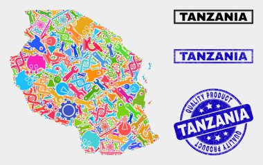 Araçlar Tanzanya Haritası ve Kaliteli Ürün Filigranı Kolajı
