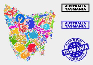 Araçlar Tazmanya Adası Haritası ve Kaliteli Ürün Damgası Kolajı