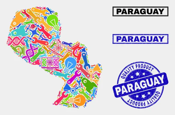 Teknoloji Nin Kolajı Paraguay Haritası ve Kaliteli Ürün Damgası — Stok Vektör