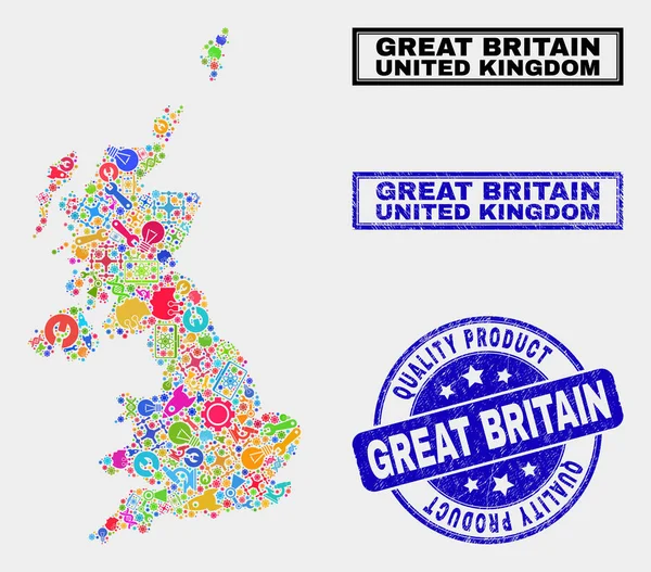 Σύνθεση των εργαλείων Ηνωμένο Βασίλειο Χάρτης και την ποιότητα σφραγίδα σφραγίδα προϊόντος — Διανυσματικό Αρχείο