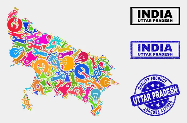 Composición de herramientas Uttar Pradesh Mapa del estado y sello de calidad del producto — Vector de stock