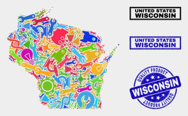 Araçlar Wisconsin Devlet Haritası ve Kaliteli Ürün Damga Mühür Kompozisyon
