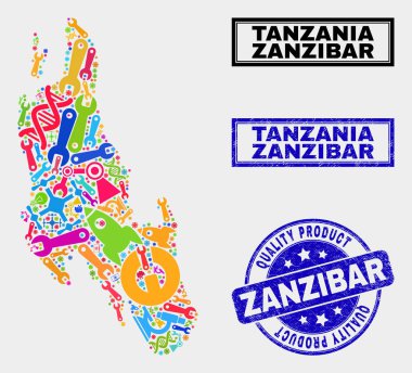 Araçlar Zanzibar Adası Haritası ve Kaliteli Ürün Damga Sıyrık Kolajı
