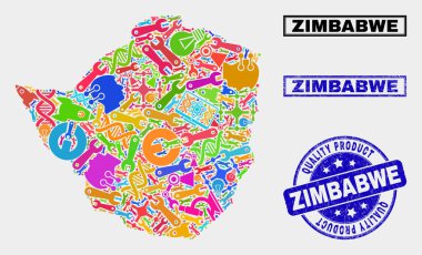Endüstriyel Zimbabve Haritası ve Kaliteli Ürün Damga Sıyrık Kolajı