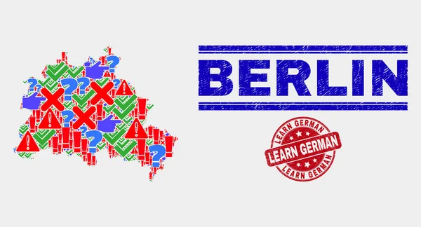 Collage of Berlin City Map Symbol Mosaic and Scratched Learn German Seal — Stock Vector