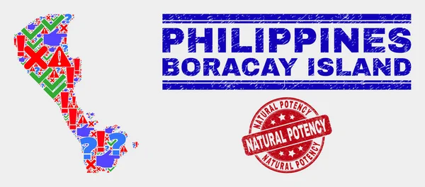 Collage av Boracay Island Map symbol mosaik och repad naturlig styrka stämpel sigill — Stock vektor