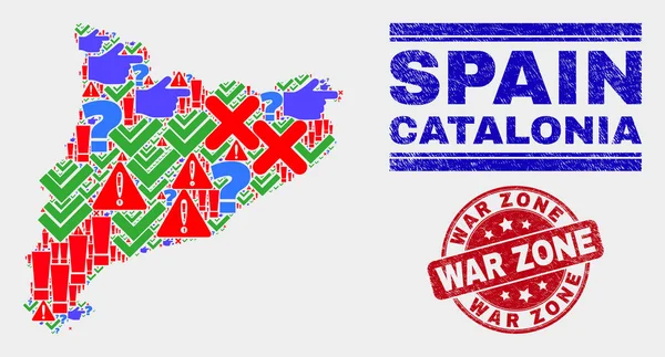 Composição da Catalunha Mapa Sinal Mosaico e Raspadinha Zona de Guerra Selo —  Vetores de Stock