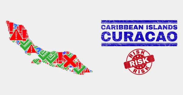 Composición de la isla de Curazao Señal de mapa Mosaico y peligro de angustia Marca de agua — Vector de stock