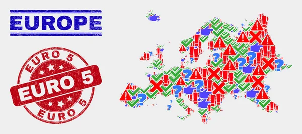 Komposisi Peta Eropa Tanda Mozaik dan Distress Euro 5 Segel cap - Stok Vektor
