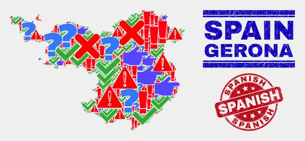 Composição da Província de Gerona Mapa Símbolo Mosaico e Selo de Selo de Selo Espanhol Arranhado — Vetor de Stock